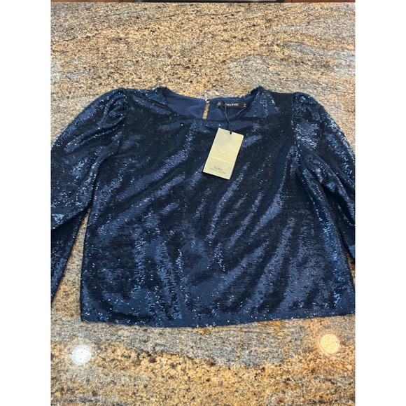 NWT Zara Basic Blue Sequin Top Long Sleeve Festive Season Party M - Picture 1 of 9
